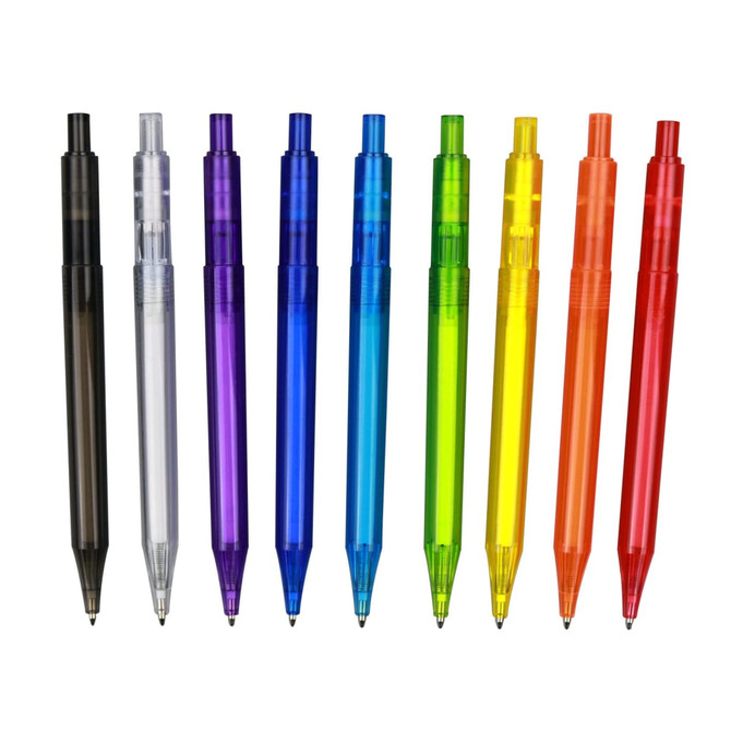 A row of ten transparent barrel pens in various colours, including black, clear, purple, blue, green, yellow, and red.