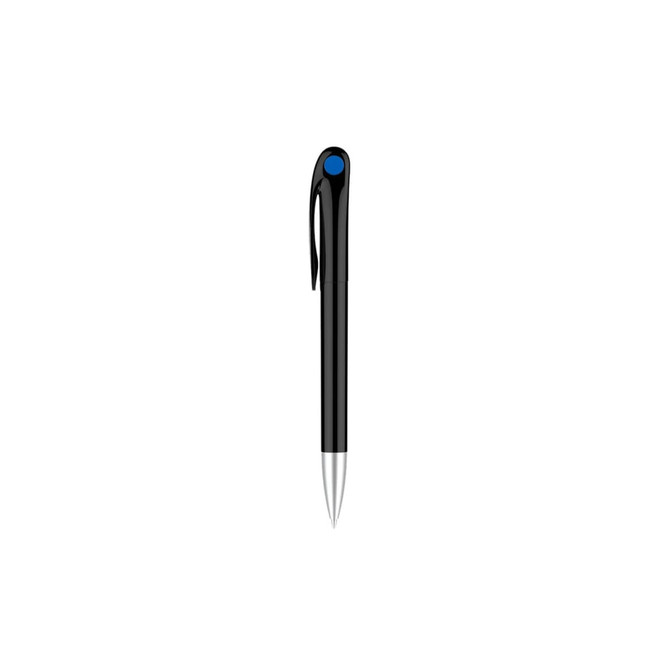 A plastic pen with a black barrel and a blue button. It features a silver nib and has a branded logo.