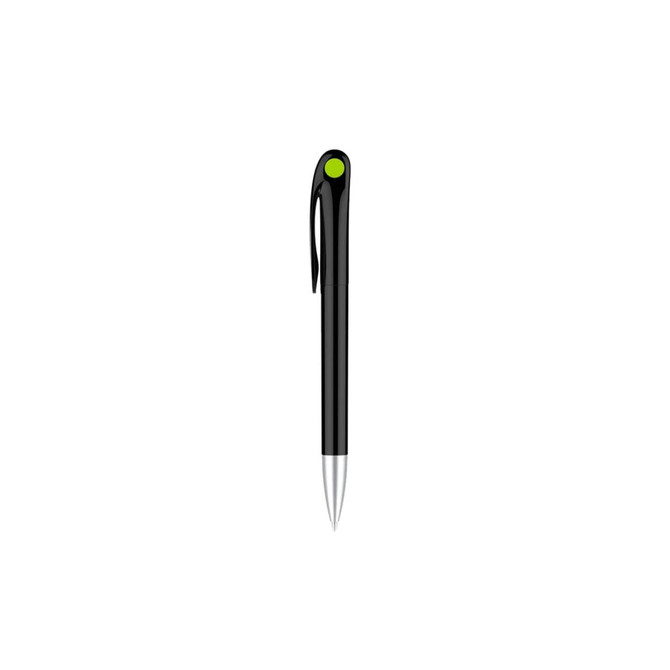 A black barrel pen with a green accent, featuring a clip and a shiny silver tip, along with branding.