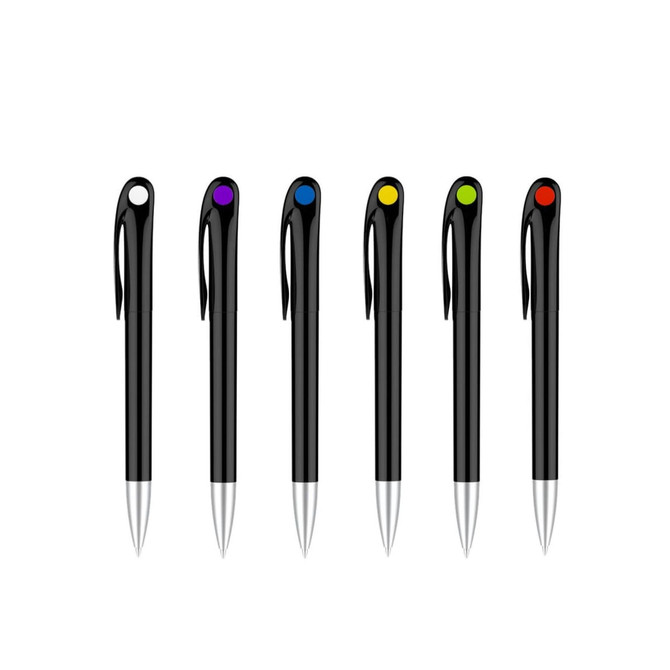 A set of black barrel pens with colourful tops in blue, orange, purple, and yellow. Each pen features a clip.
