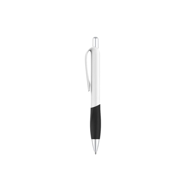 A plastic pen with a creamy white barrel and a black grip, featuring a clip and a silver tip.