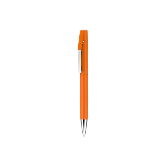 An orange pen with a silver clip, featuring a sleek design and a stylish look.