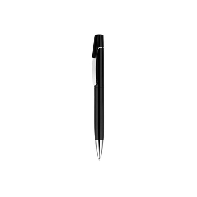 A black pen with a silver clip and nib, featuring a sleek design and a branding logo.