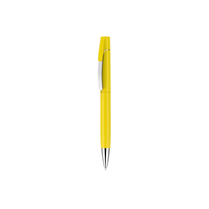 A yellow pen with a silver clip, featuring a sleek design. It has a branding logo.