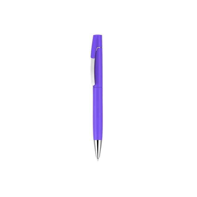 A purple pen with a silver clip and a sleek design, featuring a logo.
