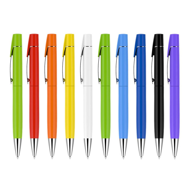 A collection of ten pens in green, red, orange, yellow, white, light green, blue, black, and purple, featuring a logo.