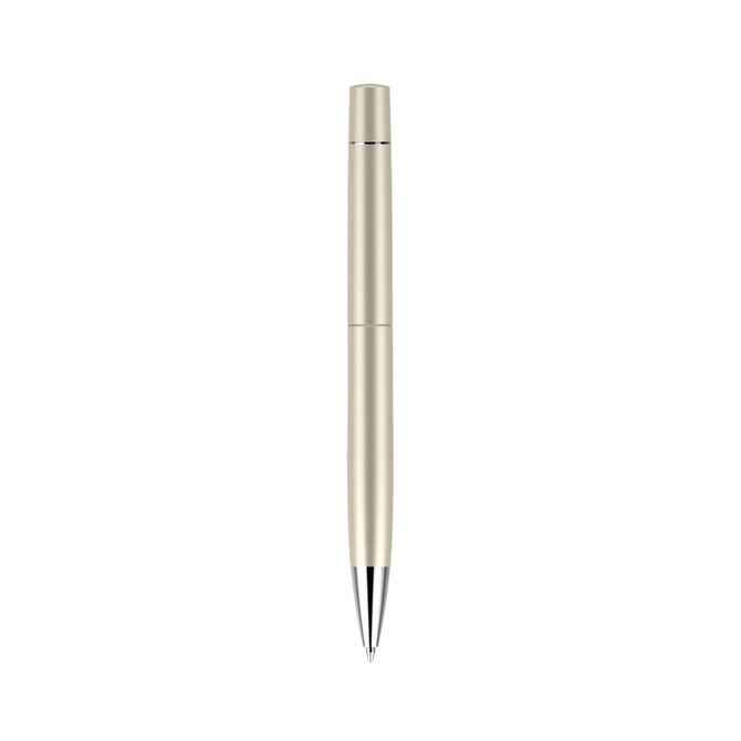 A gold pen with a sleek design and a black tip. The pen has a logo on its body.