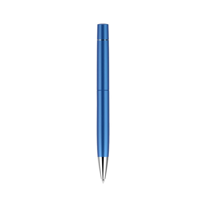 A blue pen with a sleek spray finish and a chrome clip, featuring a logo.