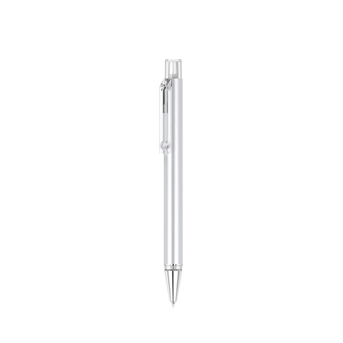 A silver pen with a sleek design and a clip, featuring a brand logo.