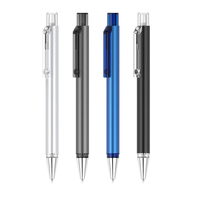 A collection of four Flat Pens in silver, grey, blue, and black, each with a clip and a clear accent.