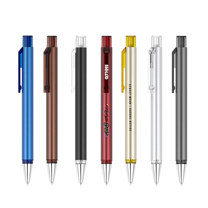 A collection of metal pens in blue, brown, red, gold, silver, and black, featuring various designs and a logo.