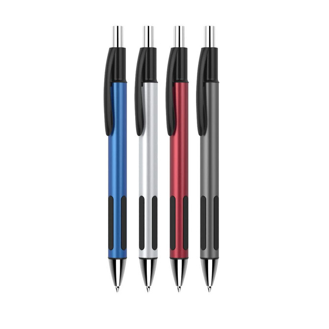 Four plastic pens in blue, silver, red, and black with rubber grips and a logo.
