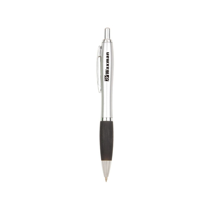 A silver metal pen with a black rubber grip and a logo on the barrel.