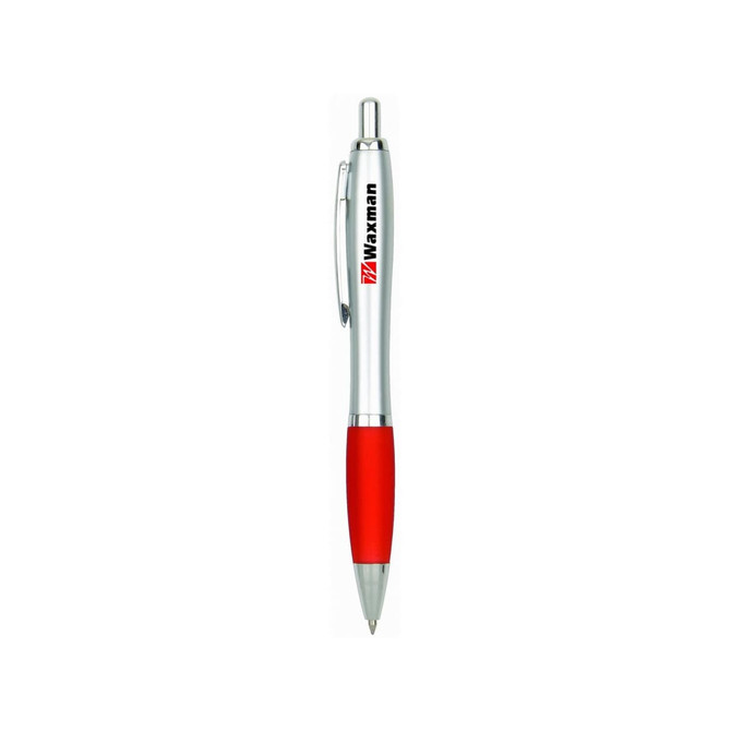 A silver metal pen with a red grip and clip, featuring a logo.