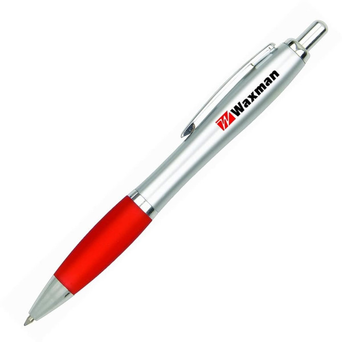 A silver metal pen with a red grip and a logo on the side.