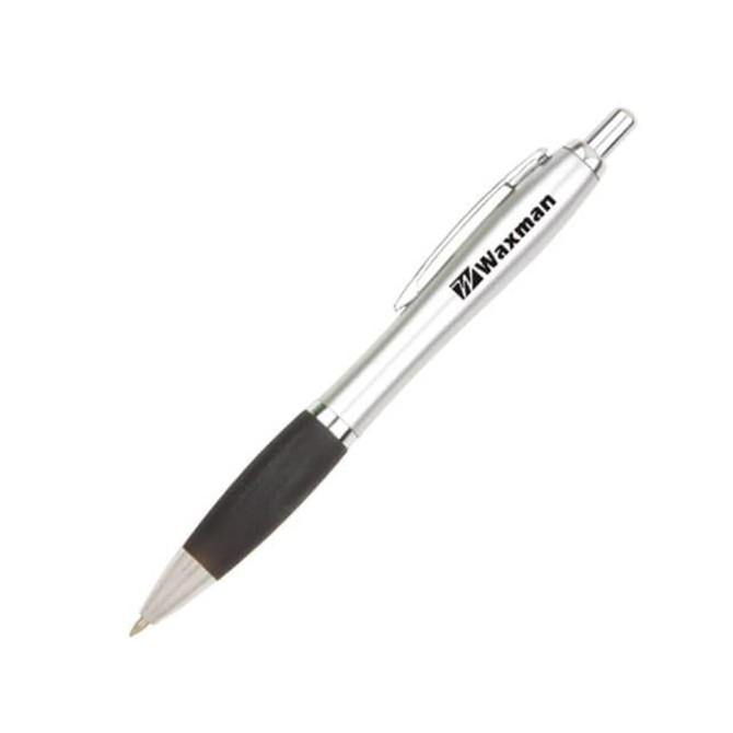 A silver metal pen with a black rubber grip and a branding logo.