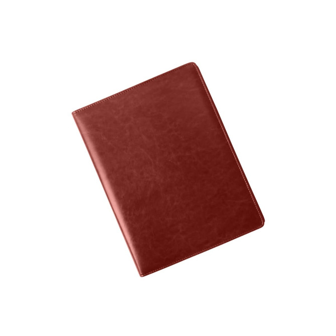 A4 business compendium in a rich burgundy colour, featuring a smooth leather-like texture and a logo.