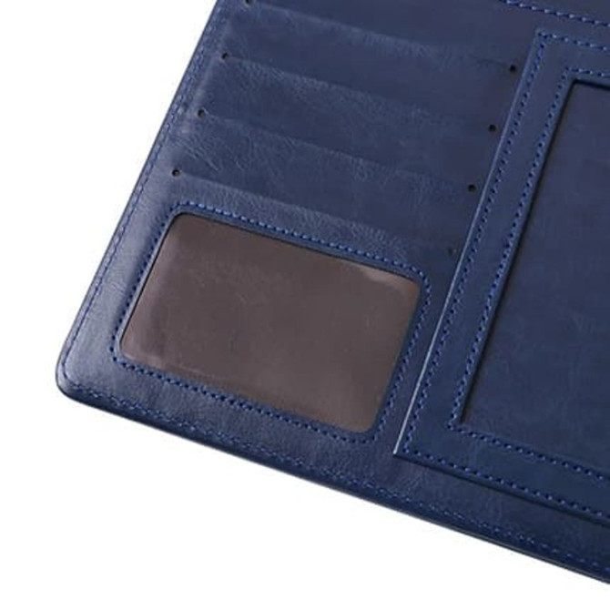 A4 Business Compendium in navy blue featuring card slots and a clear ID pocket. It has a smooth, leather-like texture.