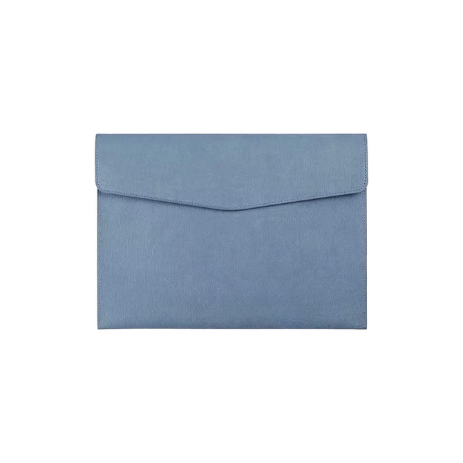 A blue PU leather A4 file bag with a flap closure and no visible branding.