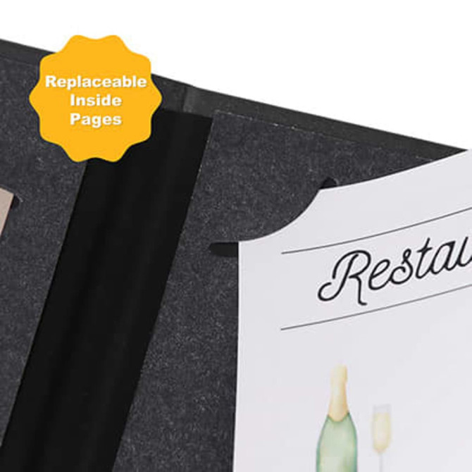 A black menu folder with replaceable inside pages and a decorative cutout for displaying content.