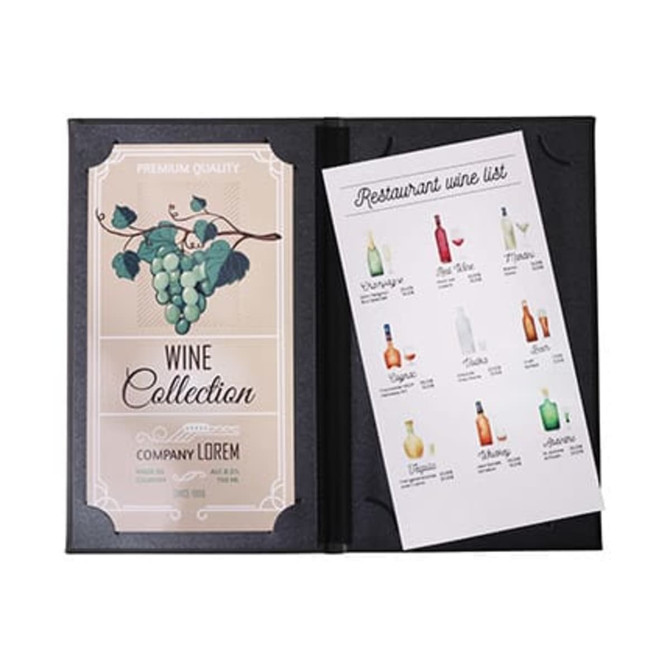 A black menu holder containing a wine collection cover and a printed wine list featuring various drink options.
