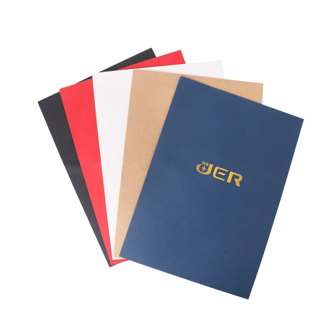 A4 presentation folder set featuring navy, red, black, white, and kraft paper colours, with one folder displaying a logo.