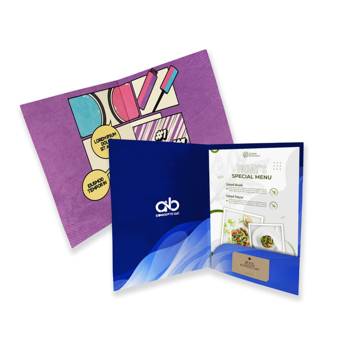 A4 full colour presentation folder featuring a vibrant purple exterior and blue interior, with an embossed logo.