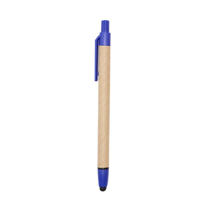 A stylus pen with a brown paper barrel and blue accents, featuring a touch head and clip. It has a logo.