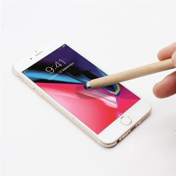 A stylus pen with a blue tip is being used on a smartphone screen, showcasing its functionality.