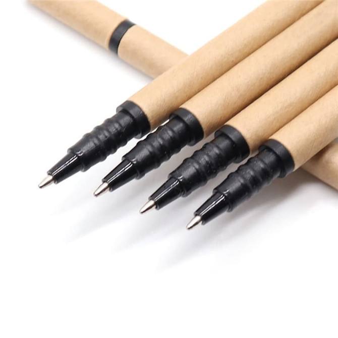 Four stylus pens with black tips and brown paper bodies, arranged in a row. The pens feature a logo on the body.