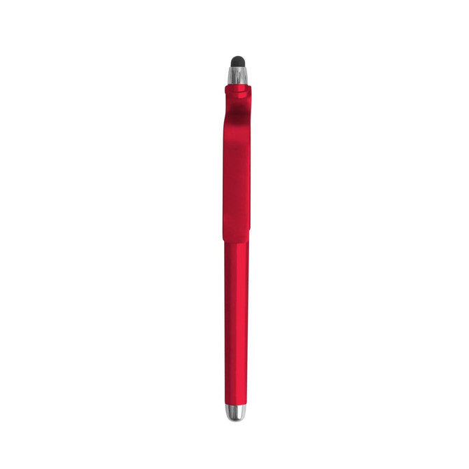 A red stylus ball pen with a mobile holder and a silver tip, featuring a logo.