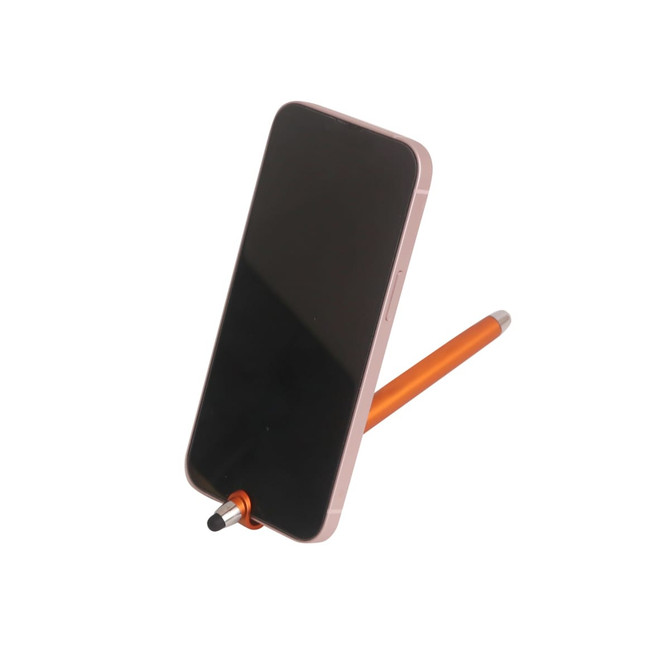 A stylus ball pen in orange positioned as a mobile holder, displaying a smartphone with a black screen.