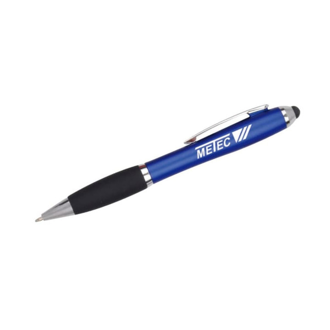 A blue stylus pen with a black grip and a silver clip, featuring a logo on its side.