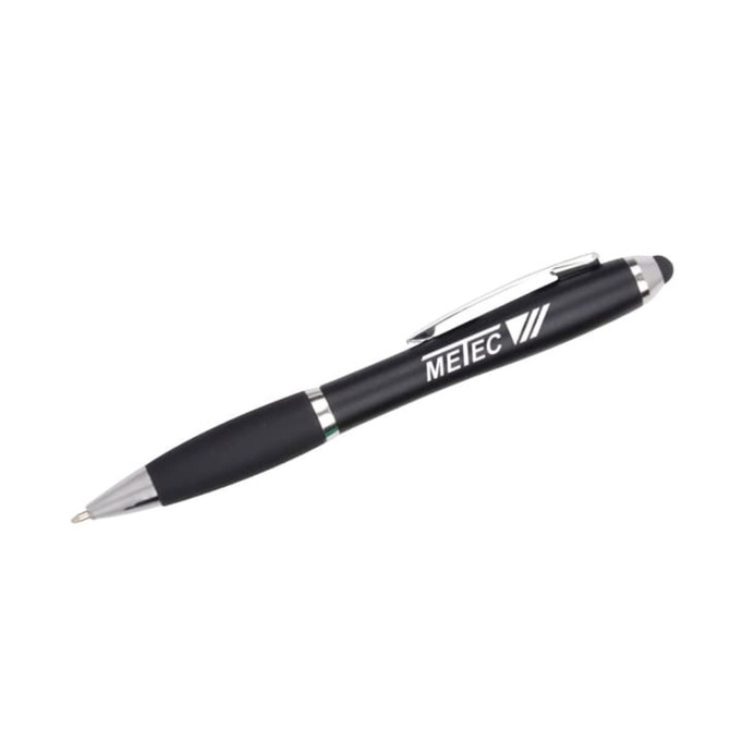 A black stylus pen with a silver clip and tip, featuring a branding logo.