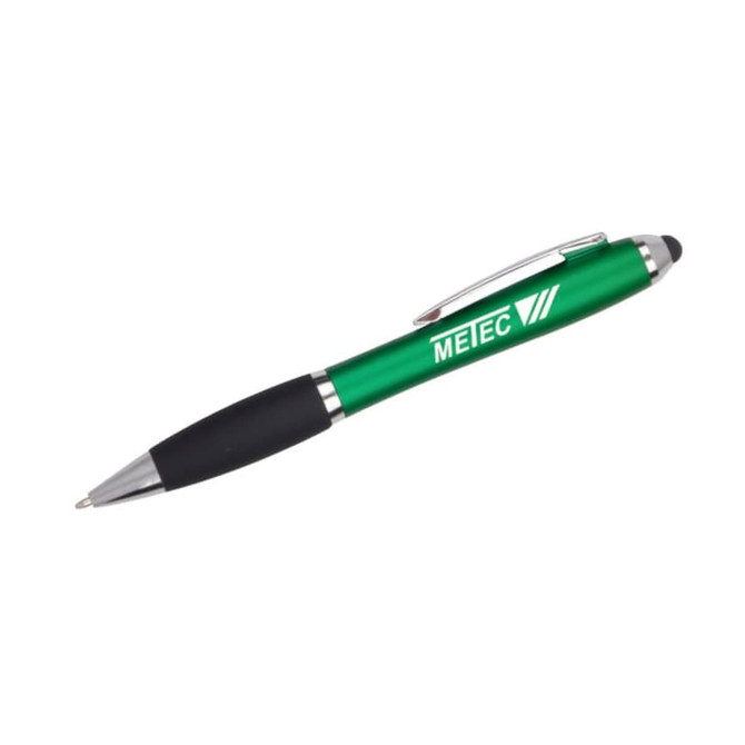 A green stylus pen with a black grip and a silver clip, featuring a logo on its body.