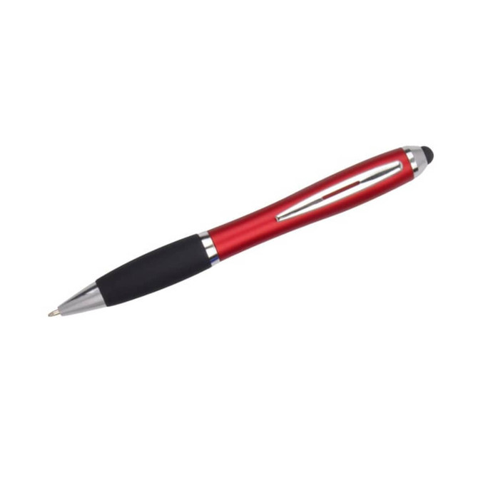 A red stylus pen with a silver clip and black grip, featuring a logo on the barrel.