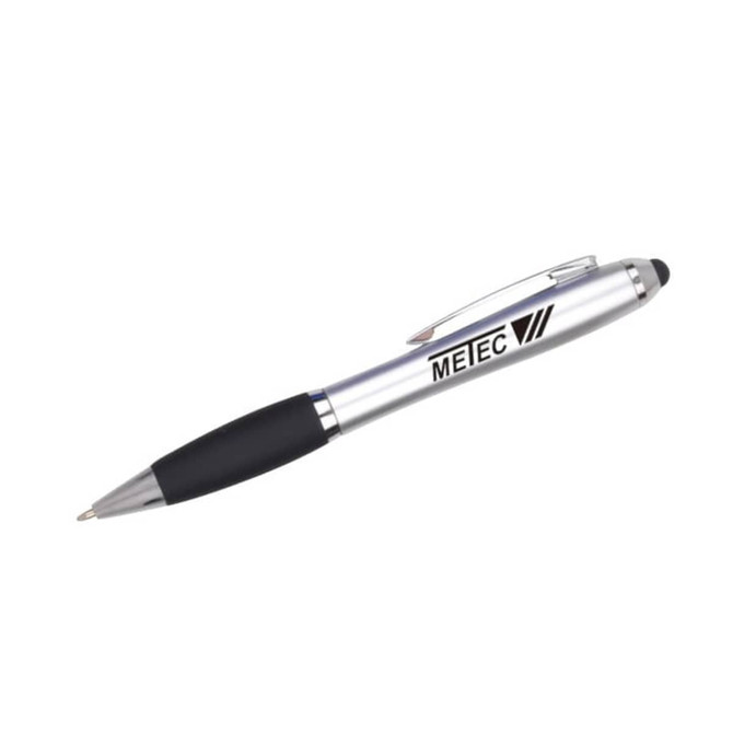 A silver stylus pen with a black grip and a logo, featuring both a ballpoint and touch tip.