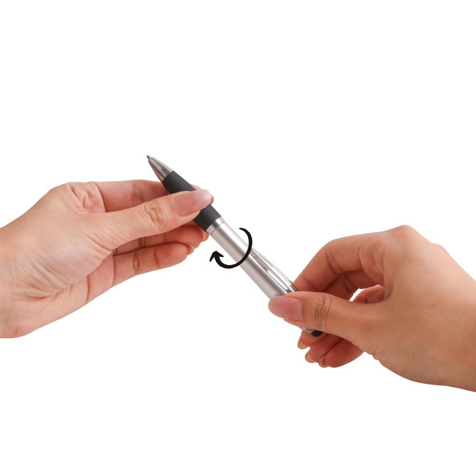 A silver stylus pen with a black grip is being held between two hands, demonstrating its features.