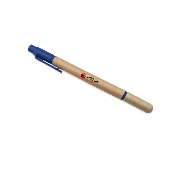 A paper tube highlighter with a blue tip and a natural brown casing, featuring a logo.