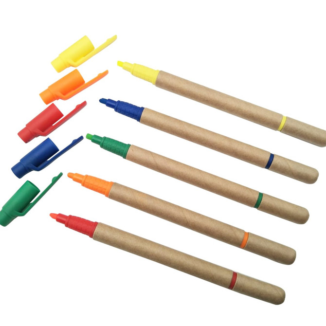 Paper Tube Highlighter set featuring six highlighters in blue, green, orange, yellow, red, and black with caps.