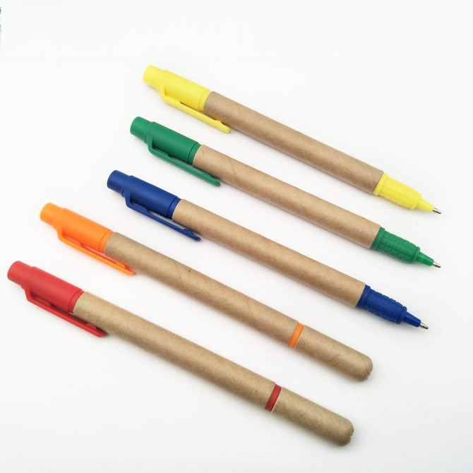 Five highlighters are displayed, featuring various colours: yellow, green, blue, orange, and red, all in paper tubes.