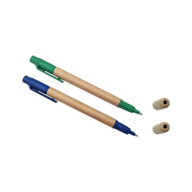 Two highlighters with paper tubes, one green and one blue, accompanied by two cap ends. They feature a logo.