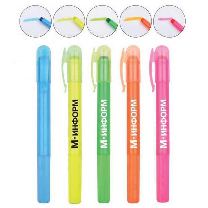 A set of five Highlighter Crayons in blue, green, yellow, orange, and pink, featuring a logo on the barrel.