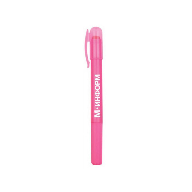 A pink highlighter crayon with a cap and ribbed grip, featuring a branding logo.