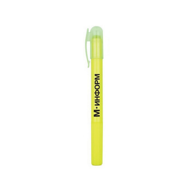 A highlighter crayon in vibrant yellow, featuring a cap and a clip, with a logo on the side.