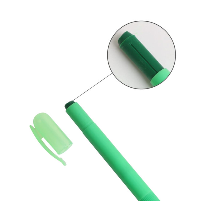 A highlighter crayon in vibrant green with a transparent cap, featuring a close-up of the tip.
