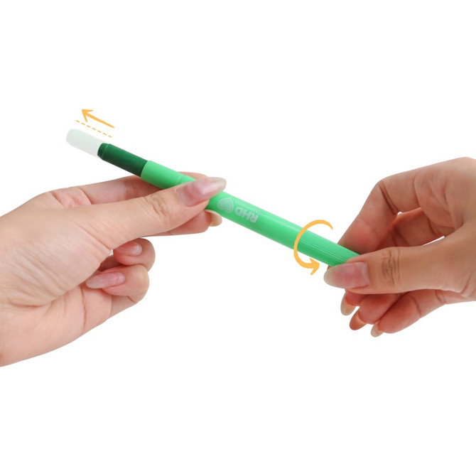 A green highlighter crayon is being held between two hands, with the tip rotating to reveal the writing point.