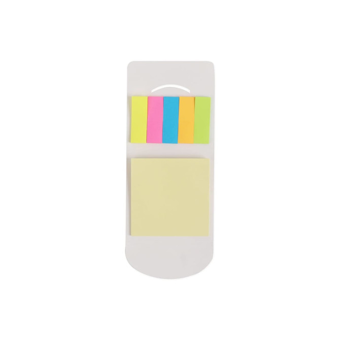 A pocket sticky note pad with a white base, featuring pastel sticky notes in pink, orange, green, and yellow.
