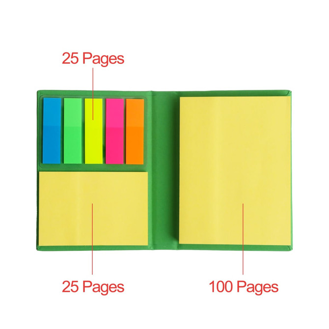A compact sticky notepad with a green cover, featuring 100 yellow pages and five coloured sticky note sections.
