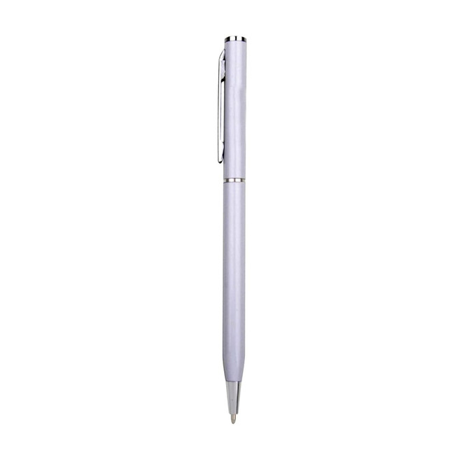 A silver aluminium cross pen with a sleek design and a chrome clip, featuring a branding logo.